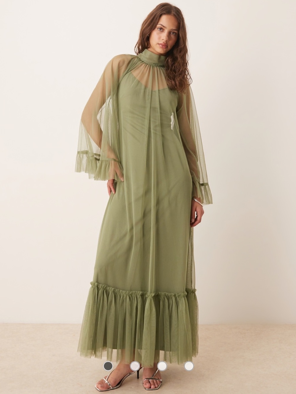Lace & Beads Olive Green Maxi Mesh Dress with Ruffle Hem